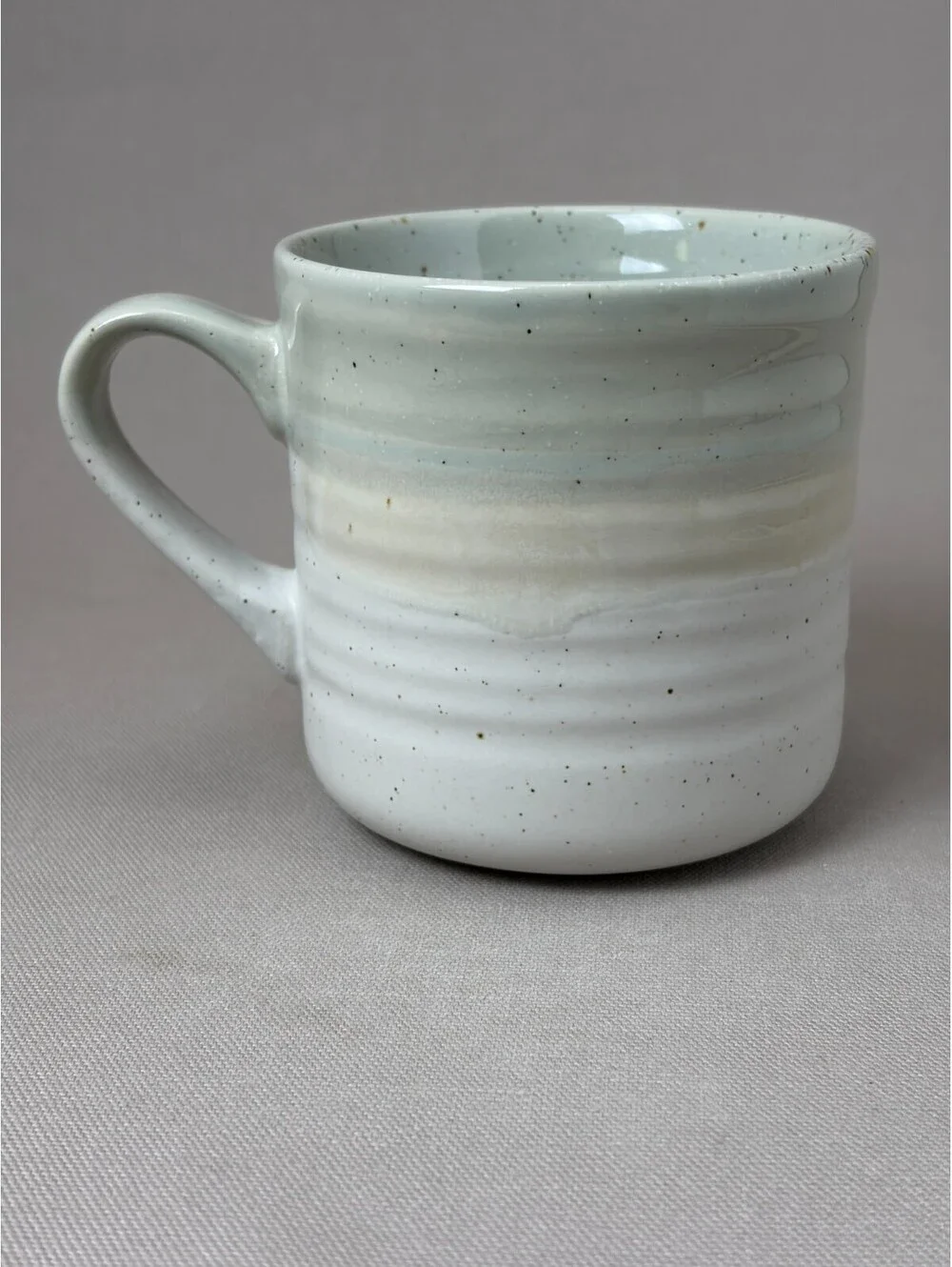 Baum Hearth Coffee Mug Speckled Stoneware Sage Green Tan Cream Ribbed Tea Cup